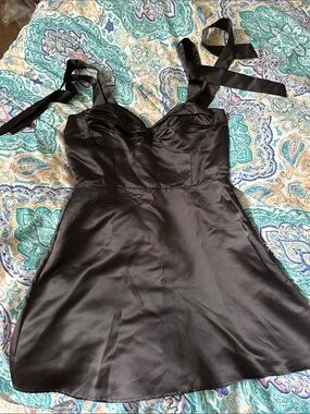 Lucy in the Sky Black Satin Tie-Strap Mini Dress